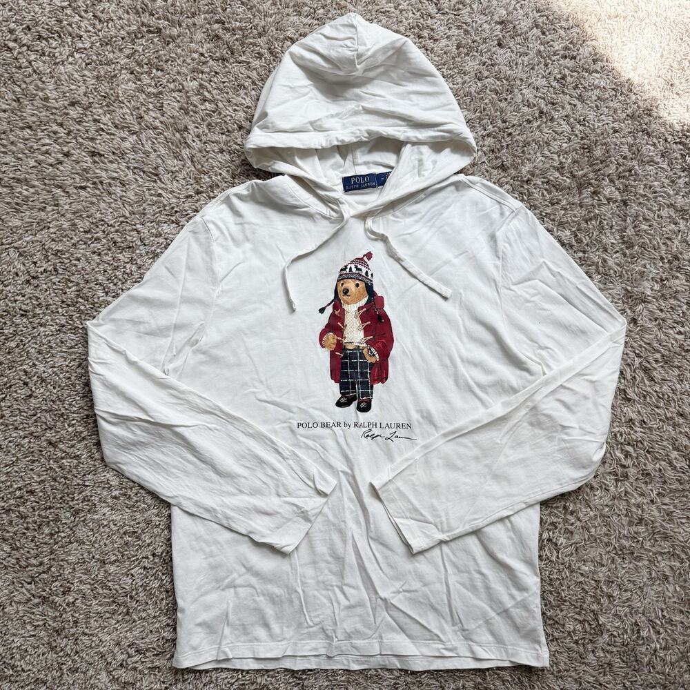 Polo Bear Ralph Lauren White Hoodie Shirt Lightweight Pullover Men’s Size Medium